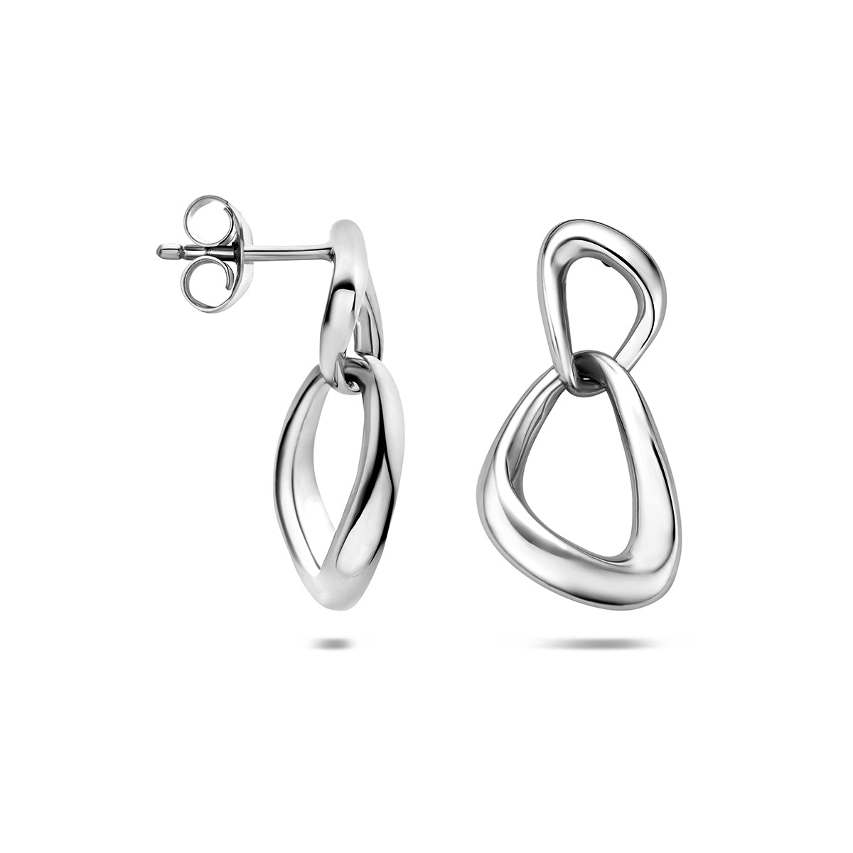 Zilveren oorhangers: voor- en zijaanzicht van de 925 gerhodineerd zilveren schakel oorhangers.