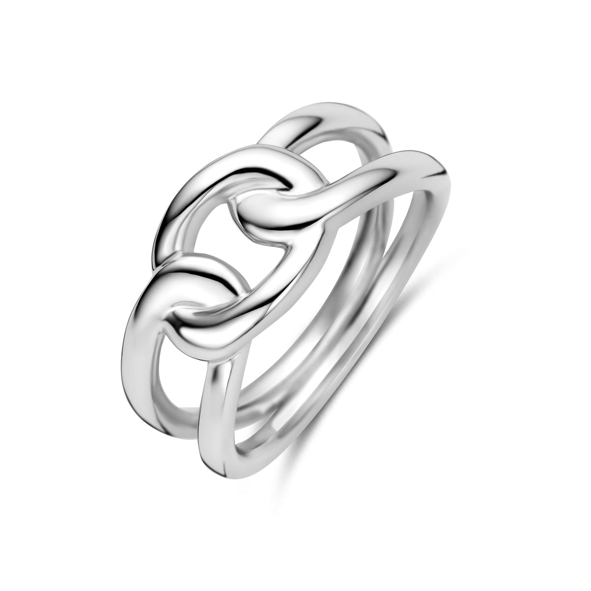 Schuin bovenaanzicht van de zilveren schakel ring.