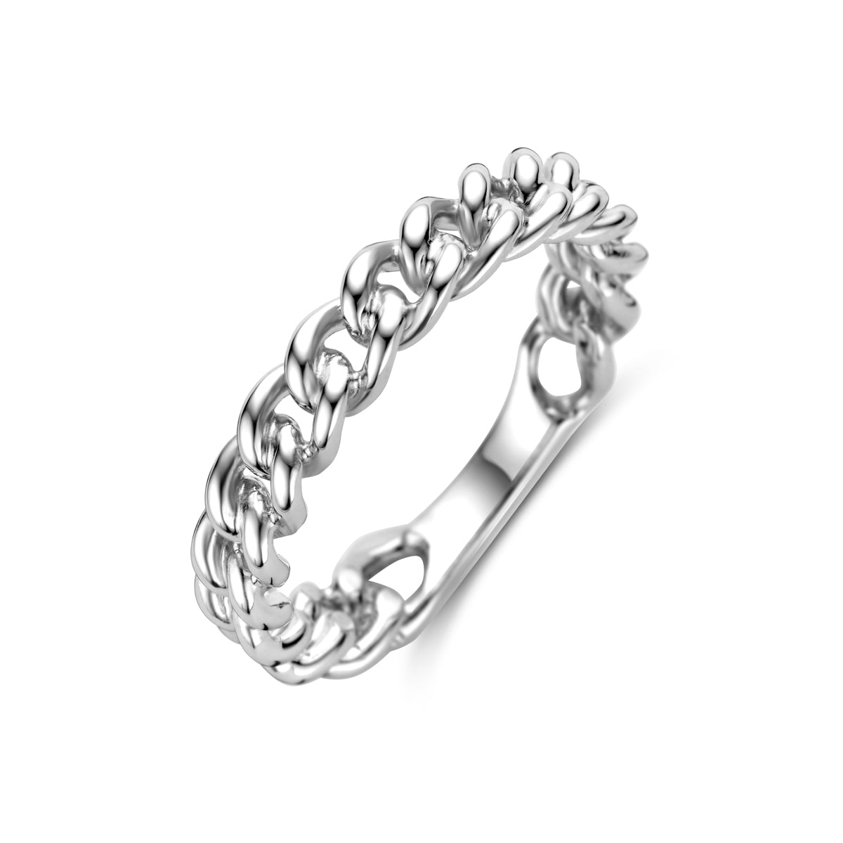 Schuin bovenaanzicht van de 925 gerhodineerd zilveren schakel ring, 4 mm breed.