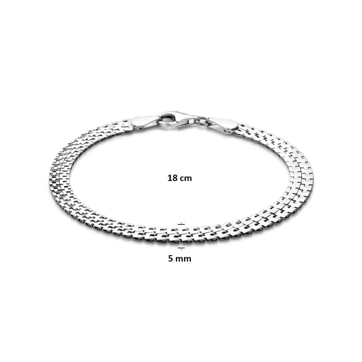Afmetingen van de zilveren schakelarmband: 18 cm lang en 5 mm breed.