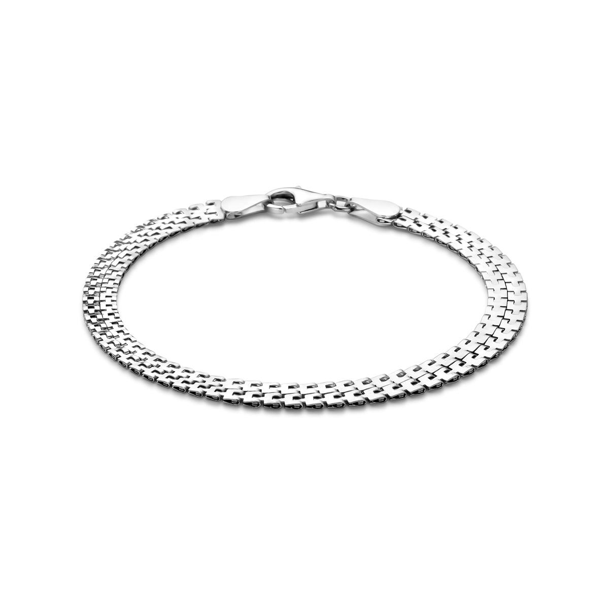 Vooraanzicht van de zilveren schakelarmband.