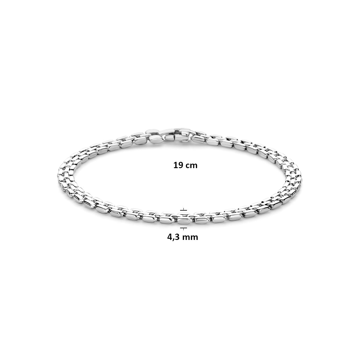 Zilveren schakelarmband dames: afmetingen van de gerhodineerd zilveren schakelarmband van 4,3 mm.