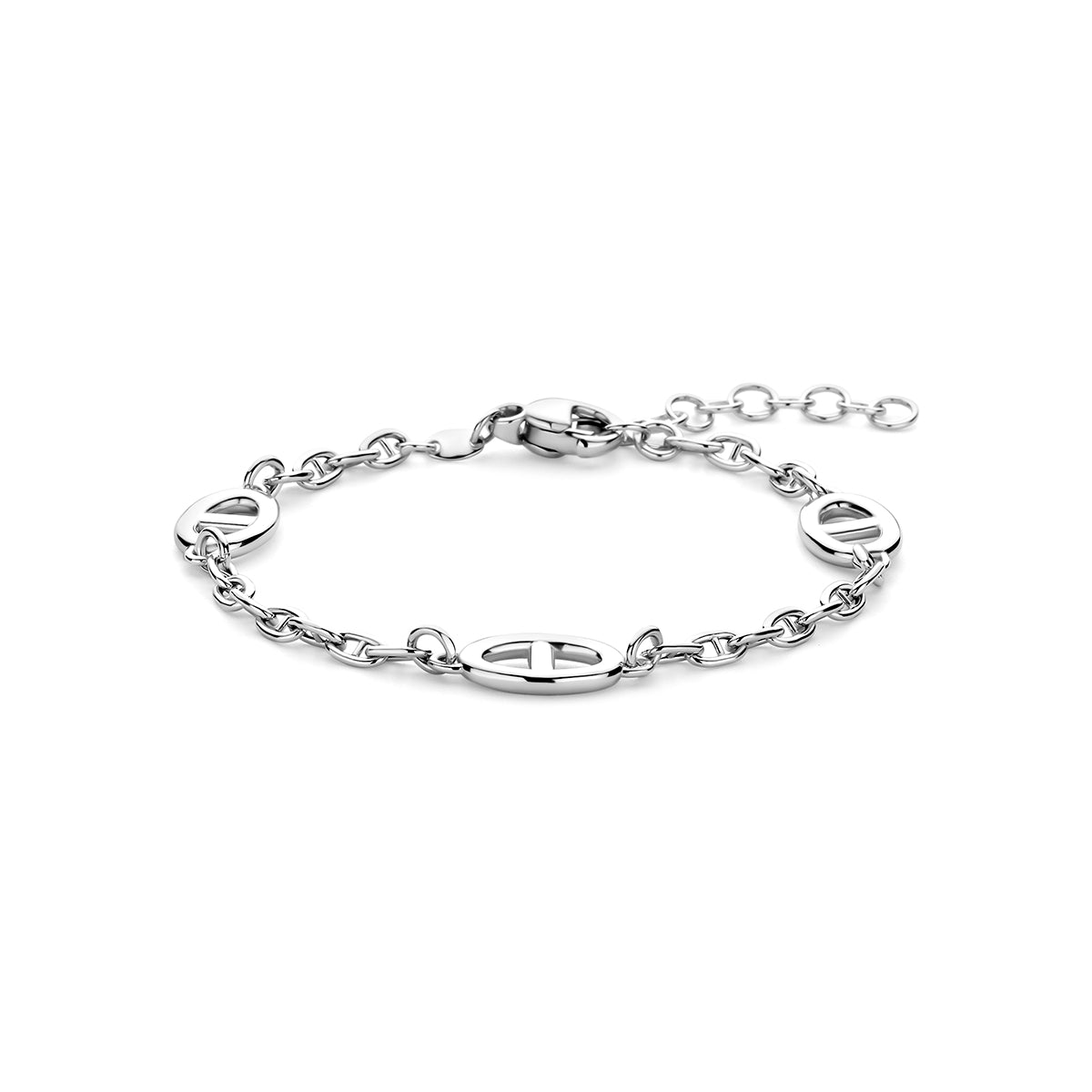 Zilveren schakelarmband dames: vooraanzicht van de gerhodineerd zilveren ankerarmband met ovale schakels.