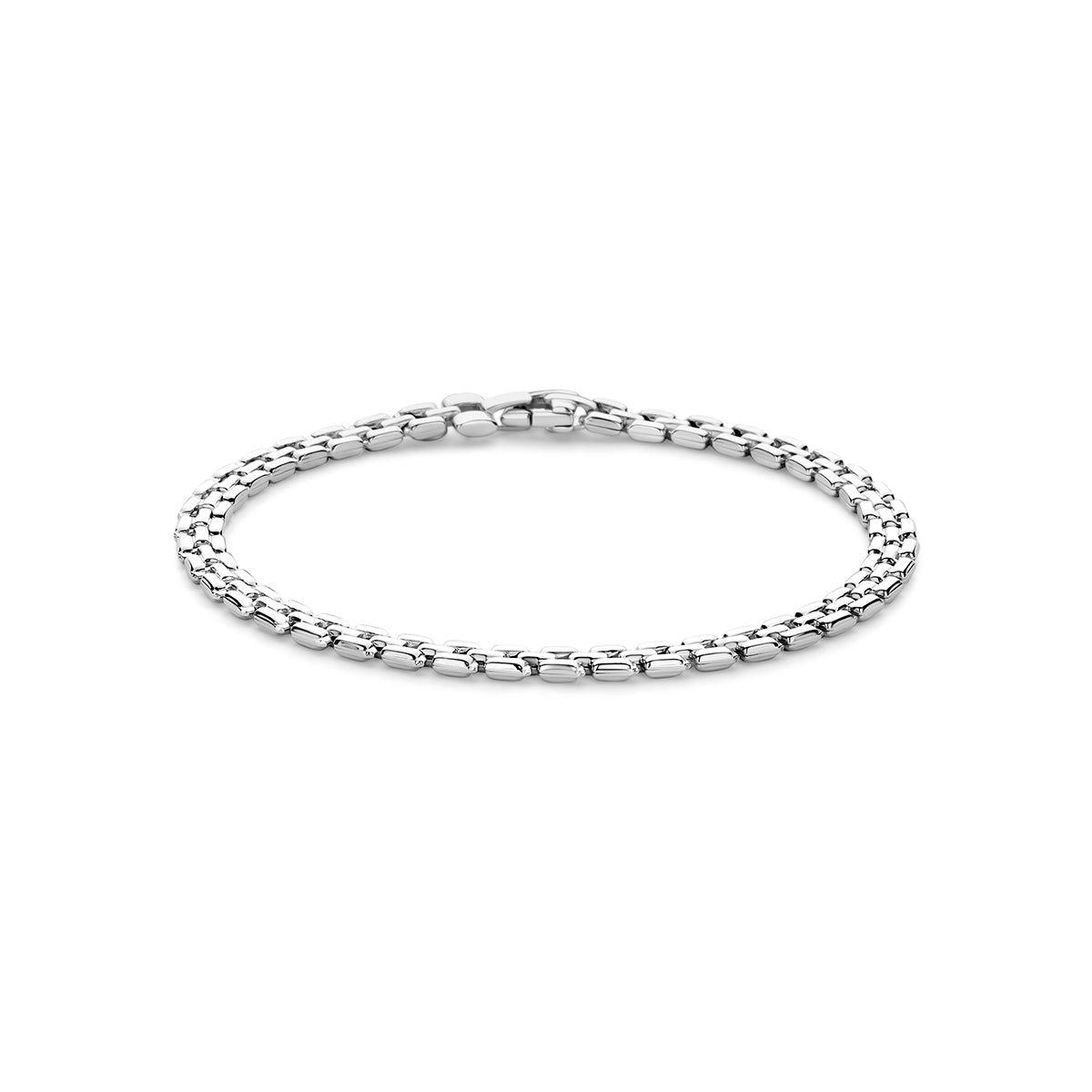 Zilveren schakelarmband dames: vooraanzicht van de gerhodineerd zilveren schakelarmband van 4,3 mm.