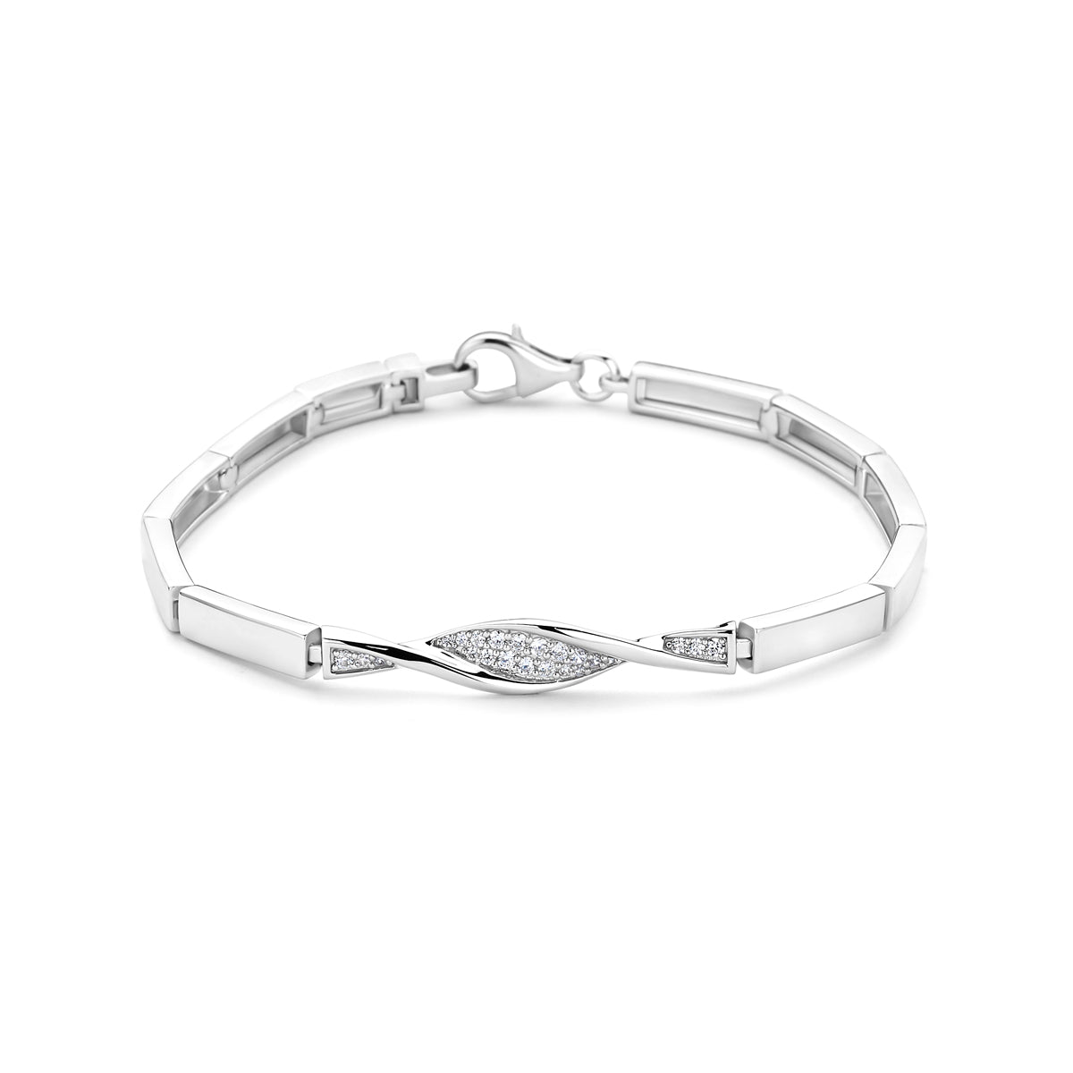 Vooraanzicht van de zilveren armband met zirkonia.