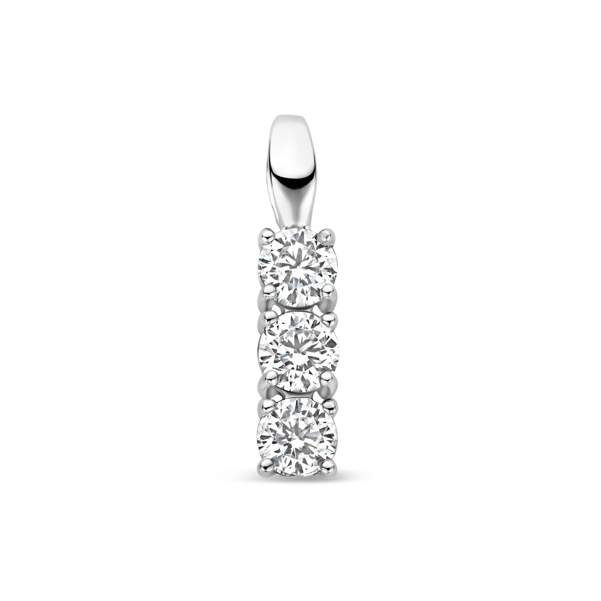 Vooraanzicht van de 925 gerhodineerd zilveren staafje hanger met zirkonia, 18,5 mm hoog en 4 mm breed.