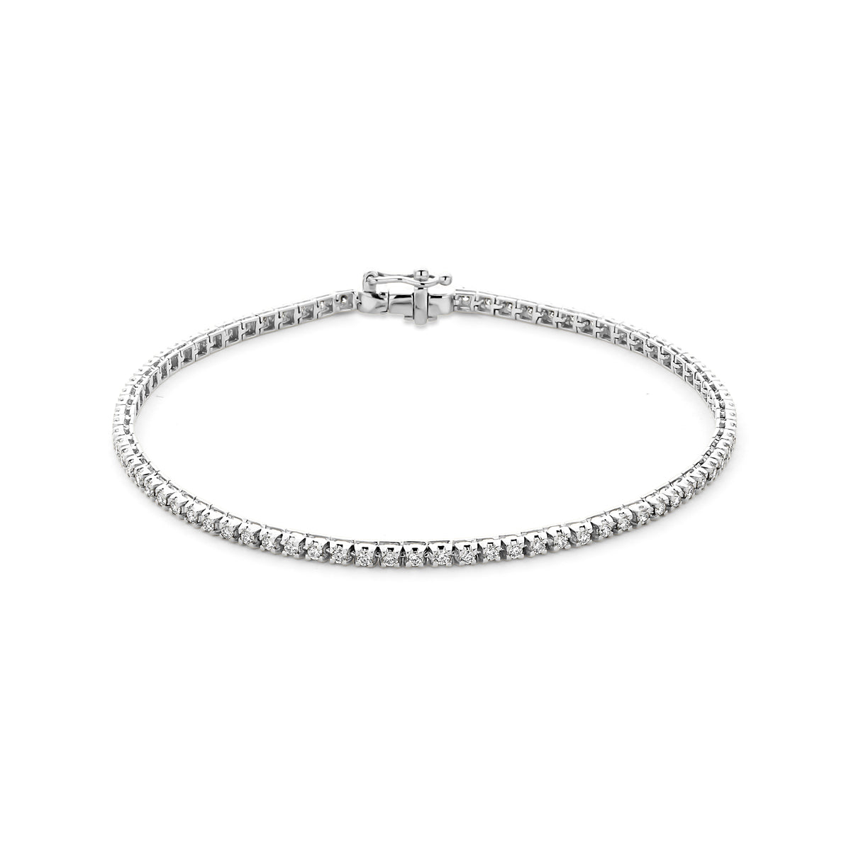 Vooraanzicht van de zilveren tennisarmband met lab grown diamant.