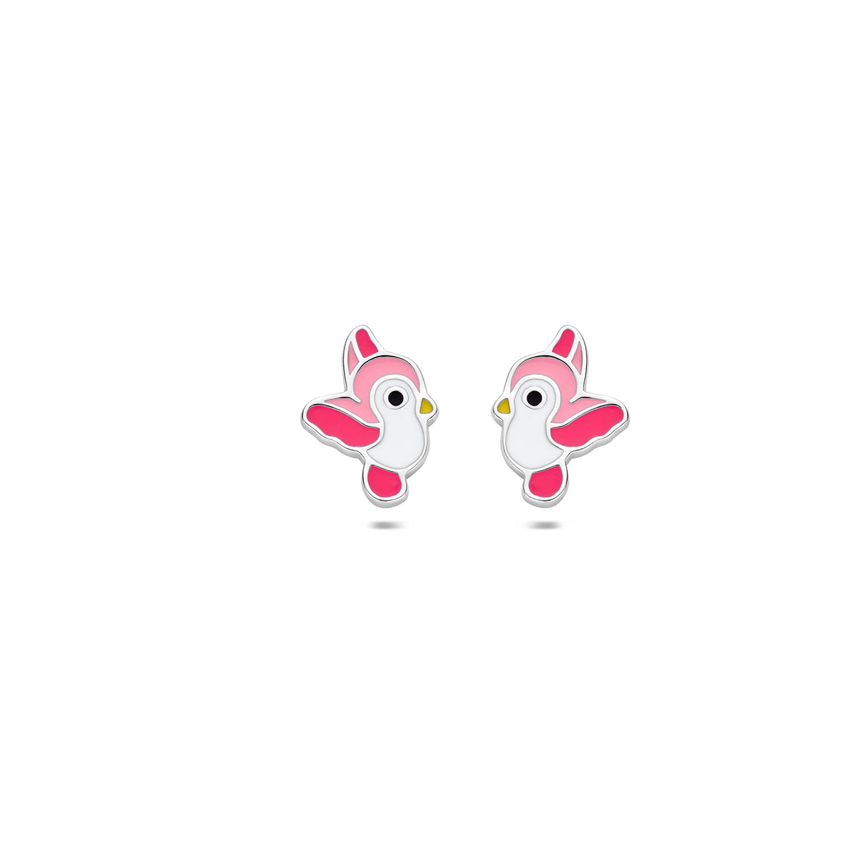 Vogel oorbellen: vooraanzicht van de gerhodineerd zilveren vogel kinderoorknopjes met roze emaille.