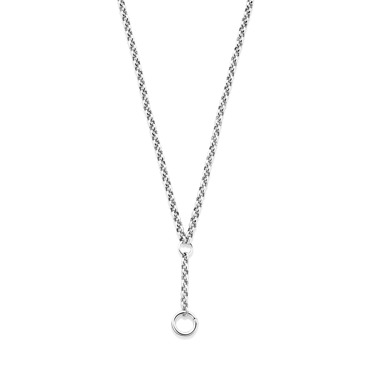 Vooraanzicht van de zilveren y-ketting met cirkel.