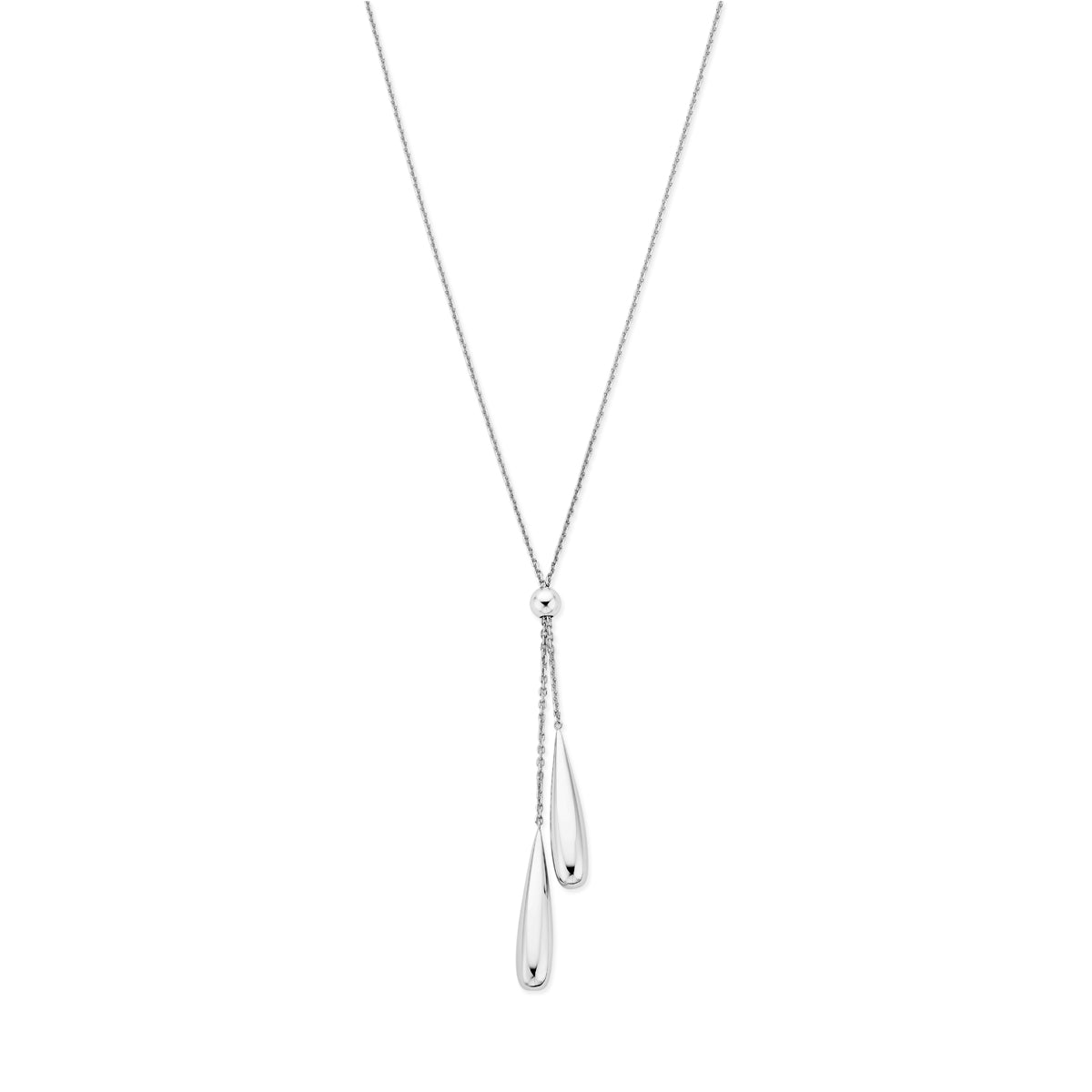 Vooraanzicht van de 925 gerhodineerd zilveren y ketting met druppels, 39 mm hoog en 7,5 mm breed.
