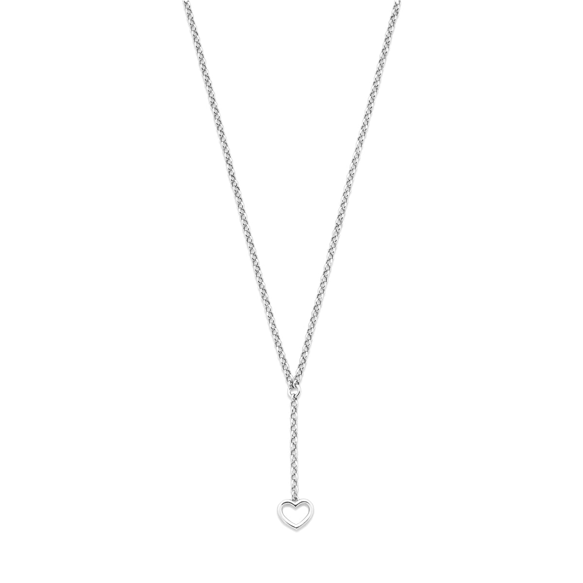 Vooraanzicht van de zilveren y-ketting met hartje.