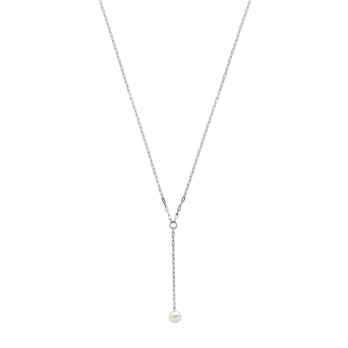 Vooraanzicht van de zilveren y-ketting met parel.