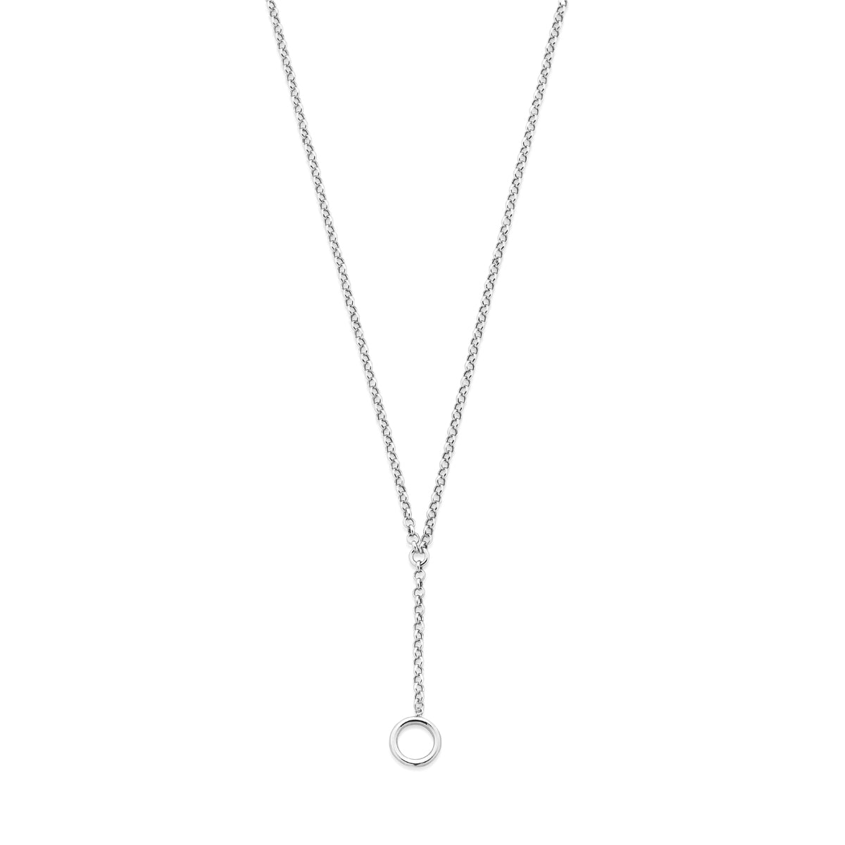 Vooraanzicht van de zilveren y-ketting met rondje.