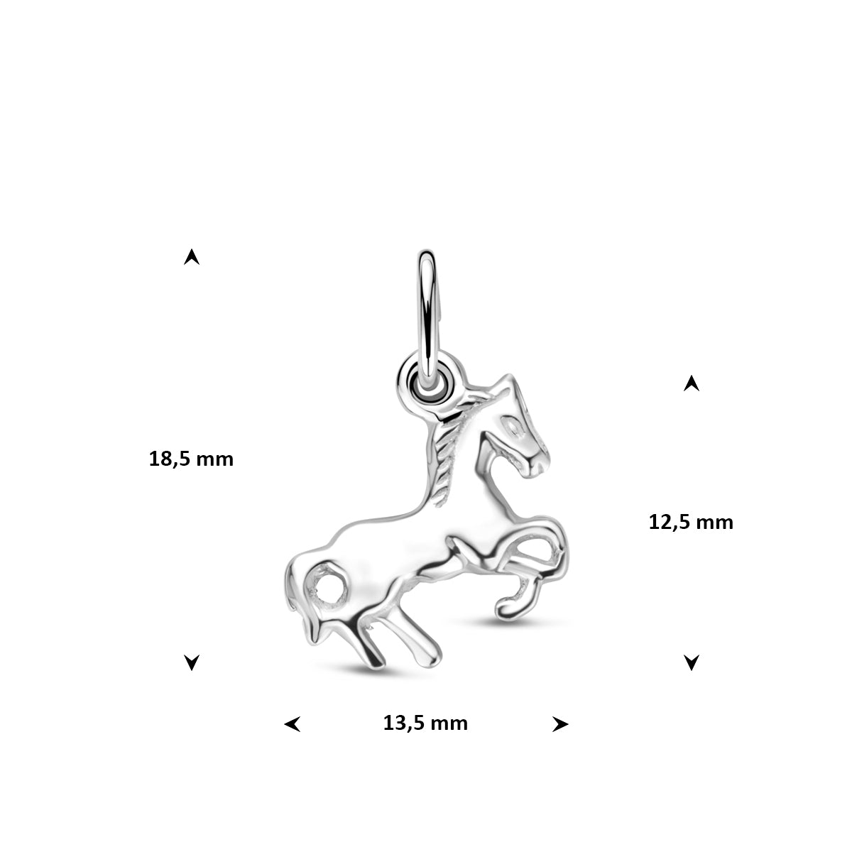 Technische afbeelding van de 925 gerhodineerd zilveren dierenhanger paard met afmetingen, 18,5 mm hoog inclusief oog en 13,5 mm breed.