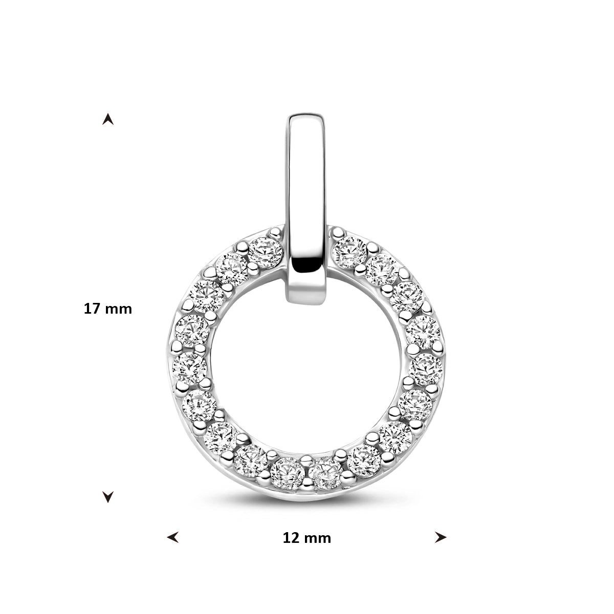 Technische afbeelding van de 925 gerhodineerd zilveren hanger met zirkonia met afmetingen, 17 mm hoog.
