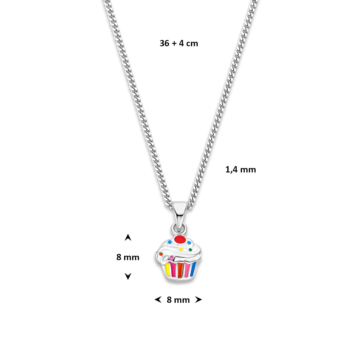 Afmetingen van de 925 gerhodineerd zilveren cupcake kinderketting: verstelbaar van 36 tot 40 cm, schakel 1,4 mm