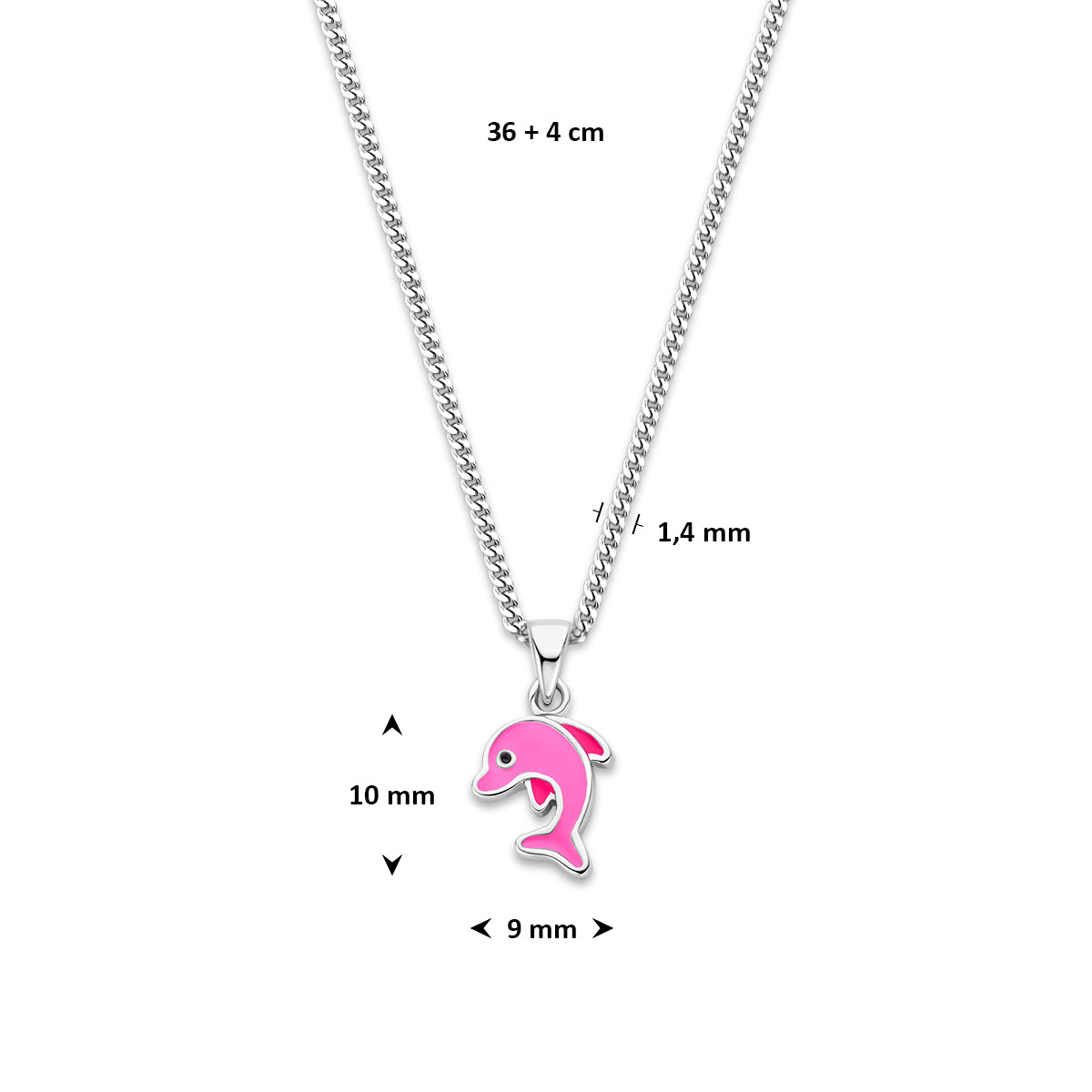 Afmetingen van de 925 gerhodineerd zilveren dolfijn kinderketting: verstelbaar van 36 tot 40 cm, schakel 1,4 mm