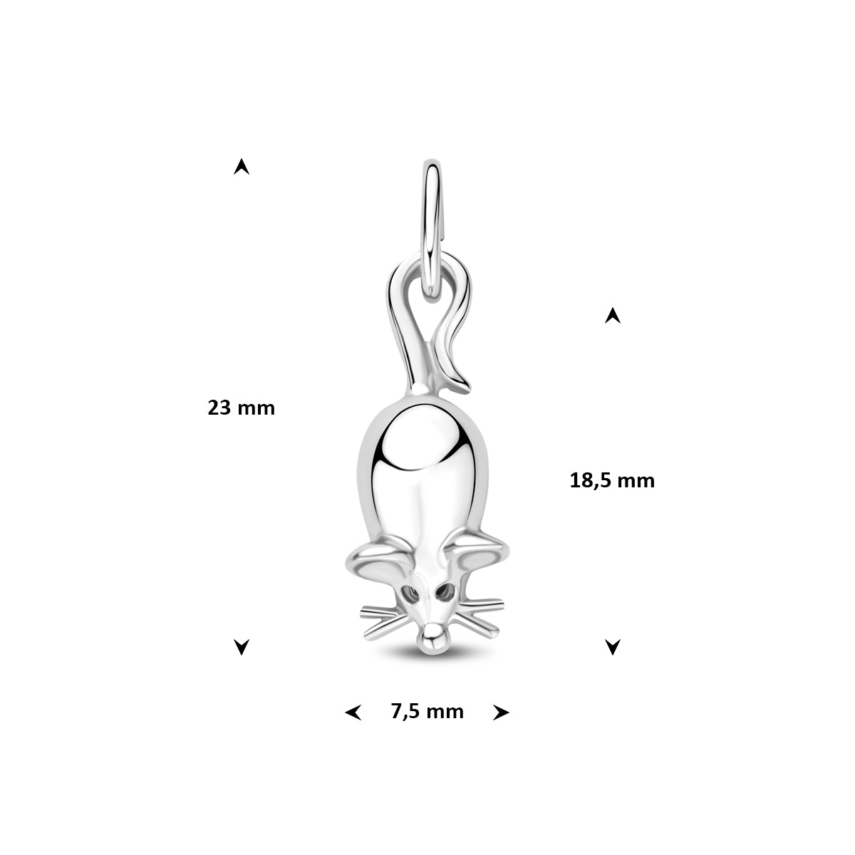 Technische afbeelding van de 925 gerhodineerd zilveren kleine dierenhanger muis met afmetingen, 23 mm hoog inclusief oog en 7,5 mm breed.