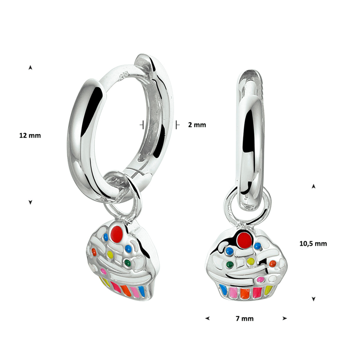 Afmetingen van de 925 gerhodineerd zilveren kinderklapoorringen met cupcake hanger (cupcake oorbellen): 12 mm doorsnede