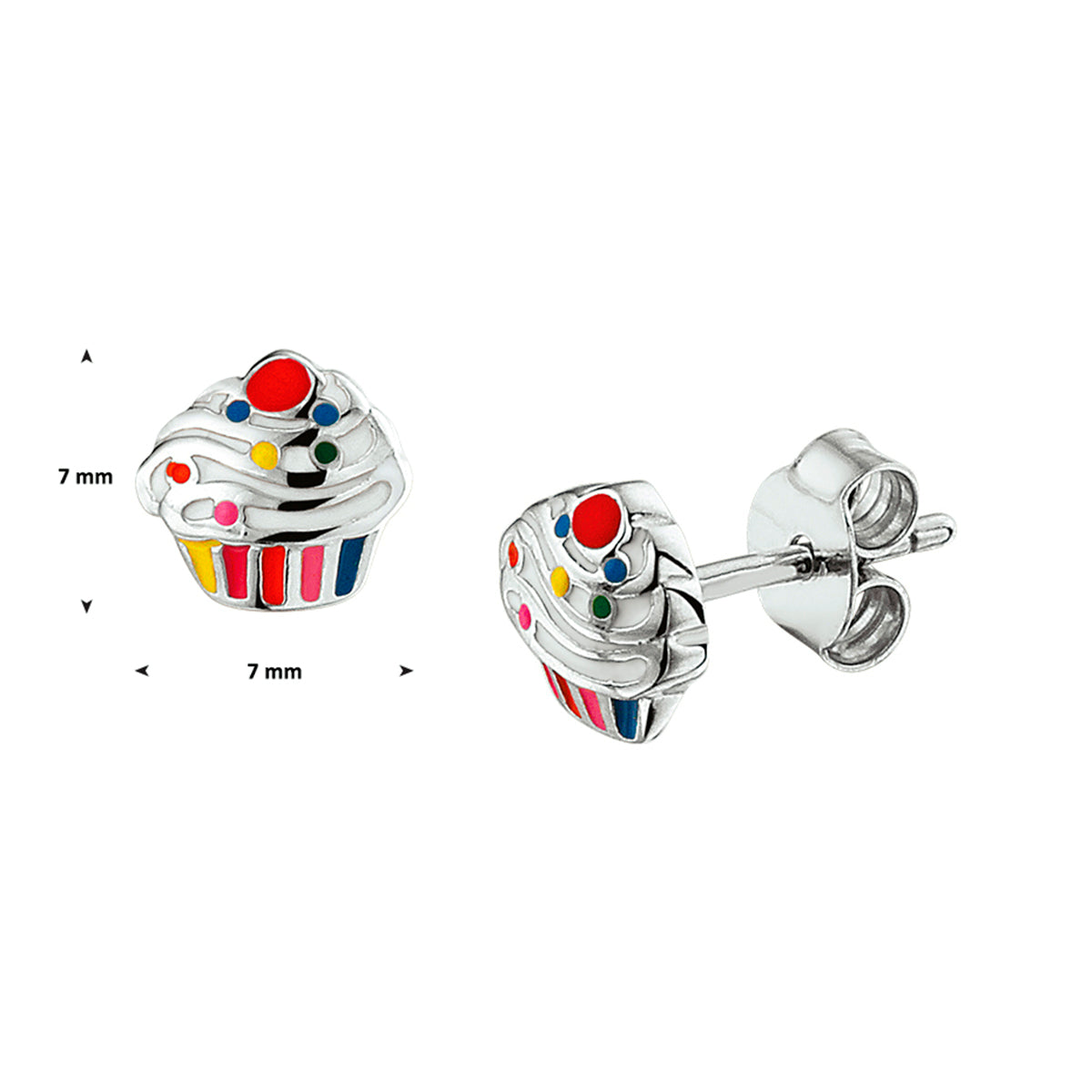Afmetingen van de 925 gerhodineerd zilveren cupcake kinderoorknoppen (cupcake oorbellen): 7 mm hoog