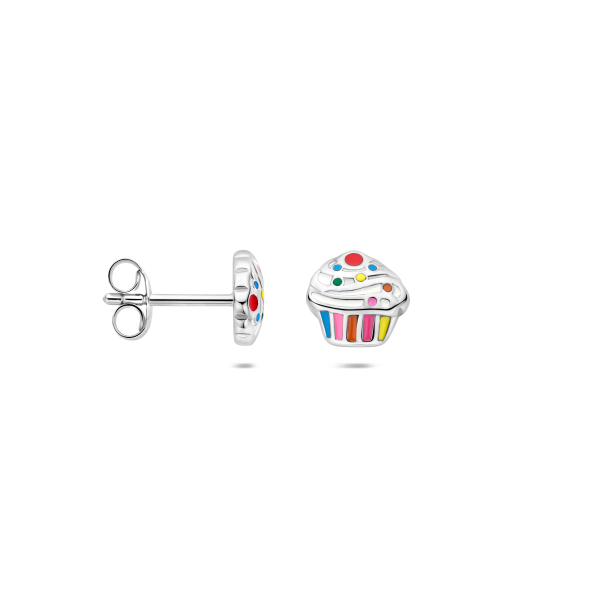 Zijaanzicht van de 925 gerhodineerd zilveren cupcake kinderoorknoppen (cupcake oorbellen)