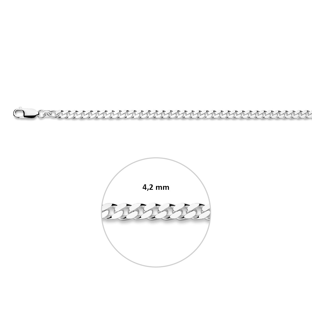 Zilveren gourmet ketting heren: 925 zilveren 4-zijdig geslepen gourmette halsketting, met de schakelbreedte van 4,2 mm aangegeven