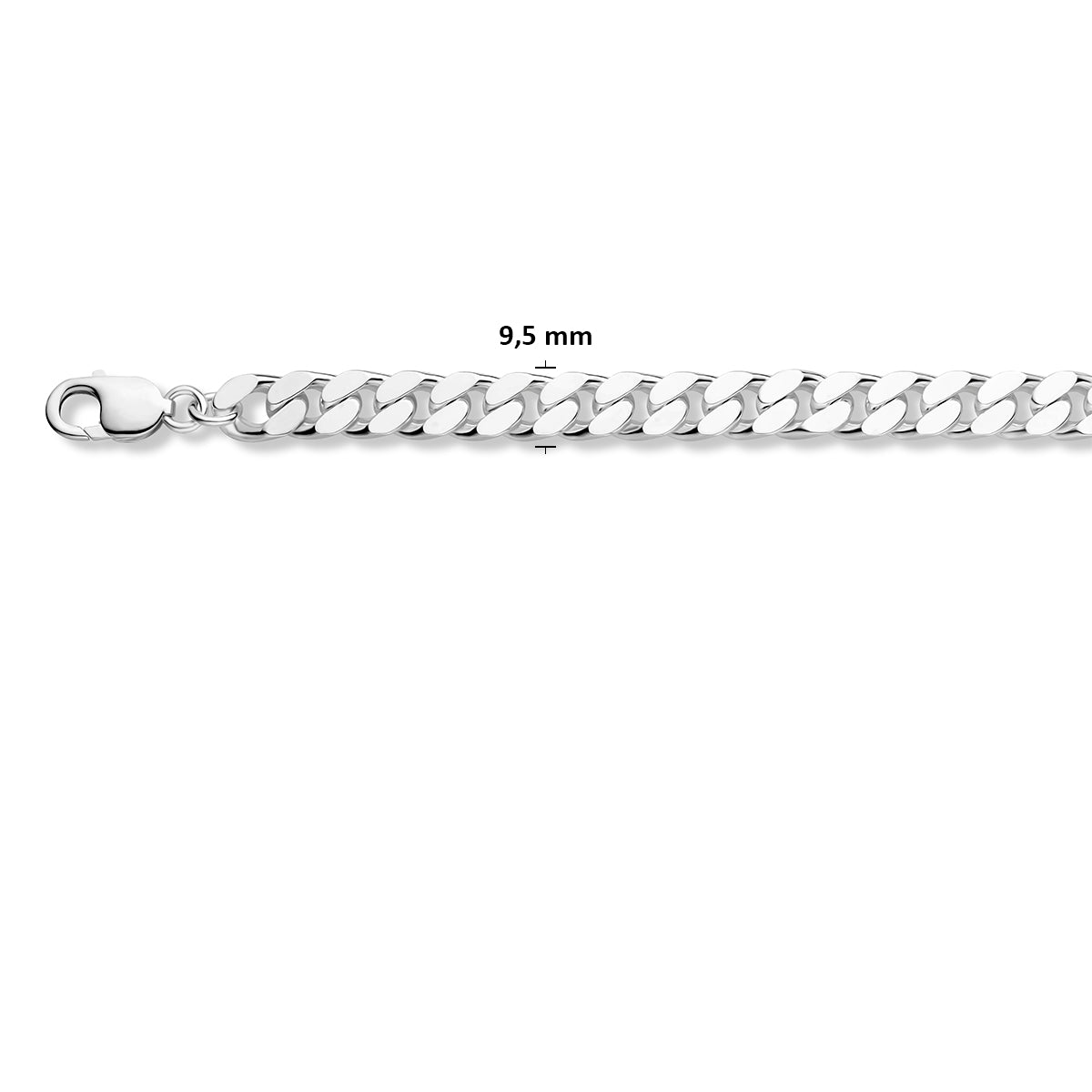 Zilveren gourmet ketting heren: 925 zilveren 4-zijdig geslepen gourmette halsketting, met de schakelbreedte van 9,5 mm aangegeven