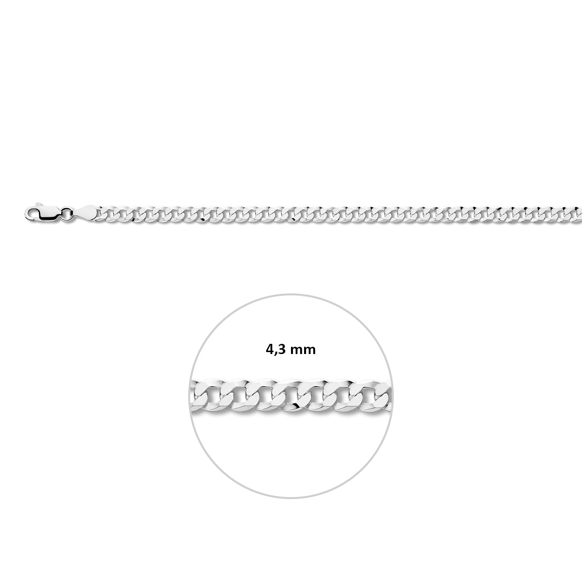 Zilveren gourmet armband heren: 925 zilveren 6-zijdig geslepen gourmette armband, met de schakelbreedte van 4,3 mm aangegeven