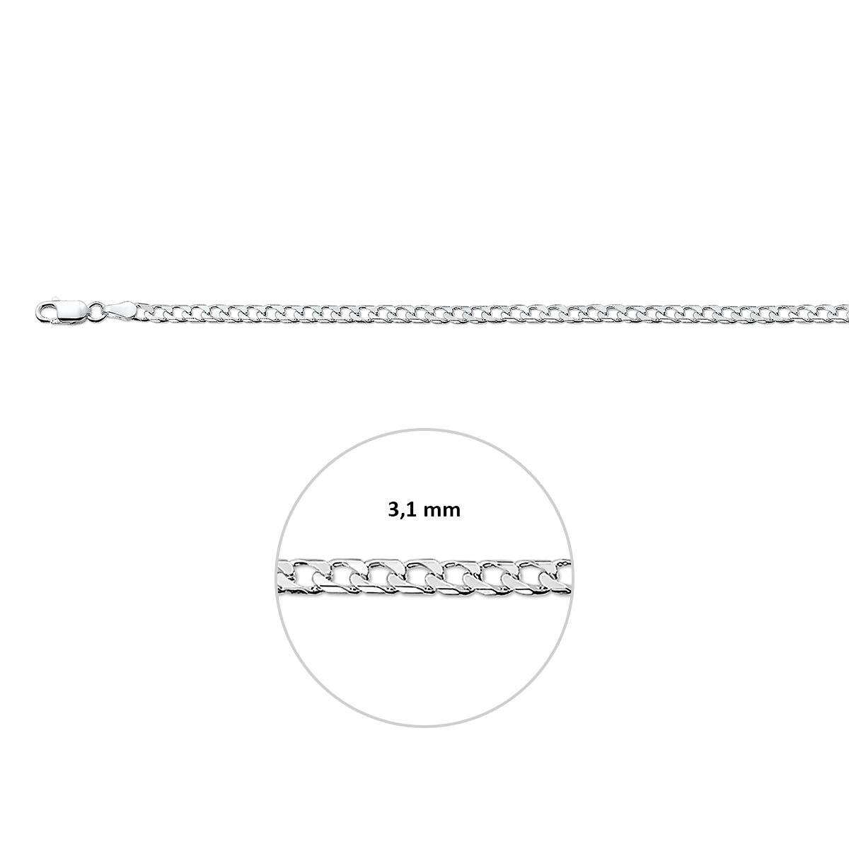 Zilveren gourmet armband: 925 zilveren 8-zijdig geslepen gourmette armband, met de schakelbreedte van 3,1 mm aangegeven