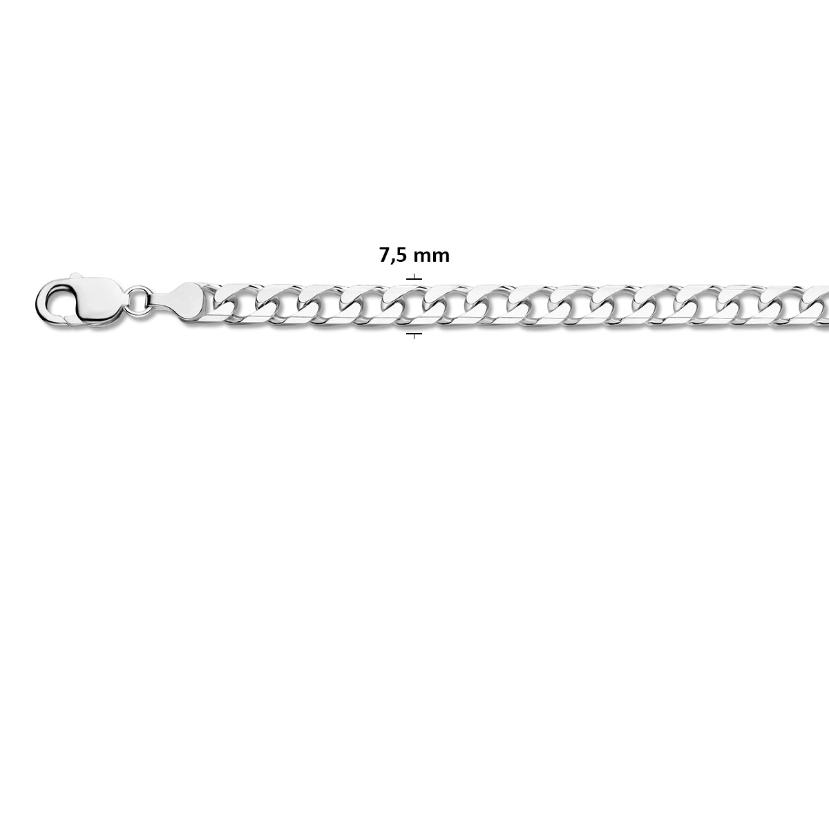 Zilveren gourmet armband heren: 925 zilveren 8-zijdig geslepen gourmette armband, met de schakelbreedte van 7,5 mm aangegeven