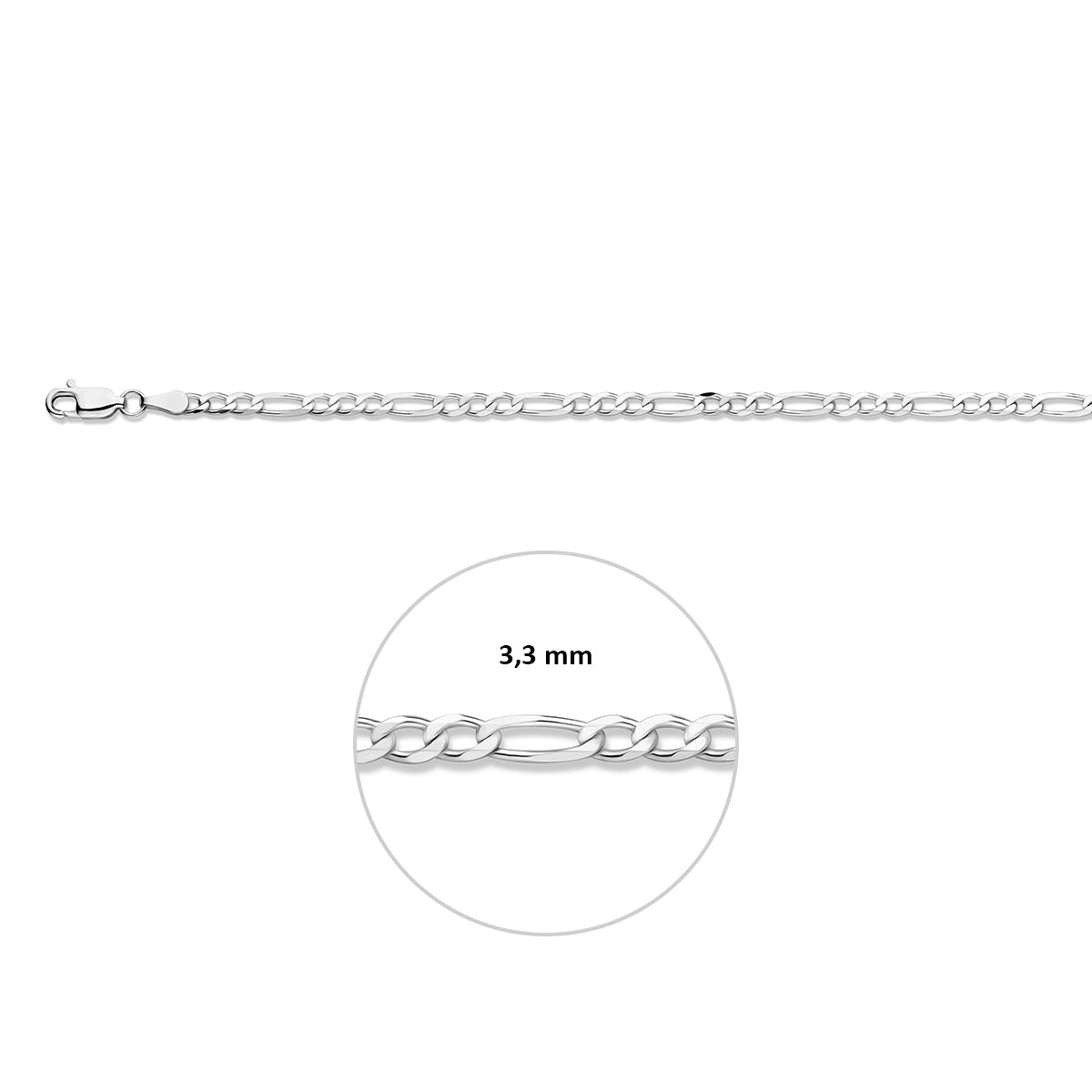 Zilveren figaro armband: 925 zilveren figaro armband, met de schakelbreedte van 3,3 mm aangegeven