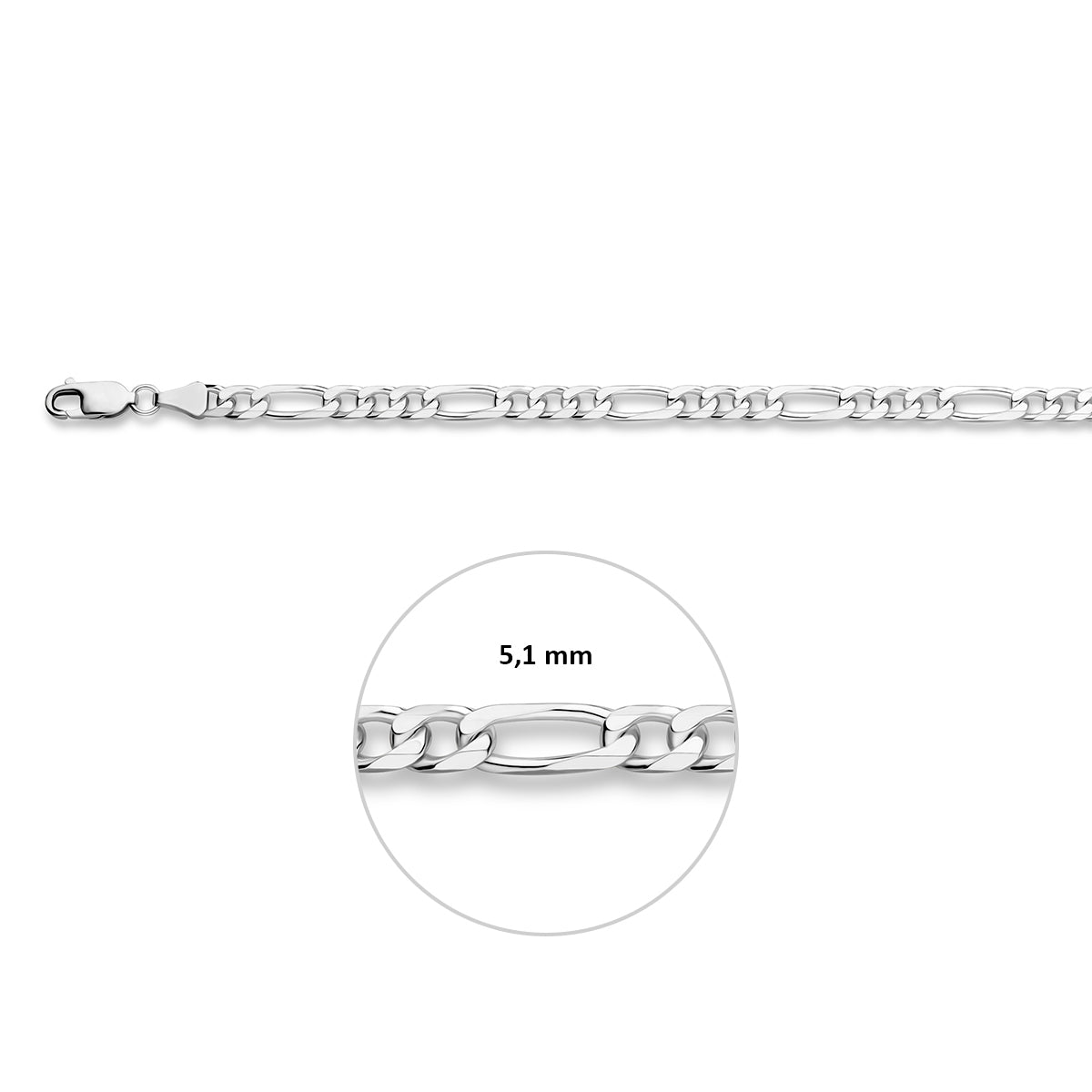 Figaro ketting heren: 925 zilveren figaro halsketting, met de schakelbreedte van 5,1 mm aangegeven