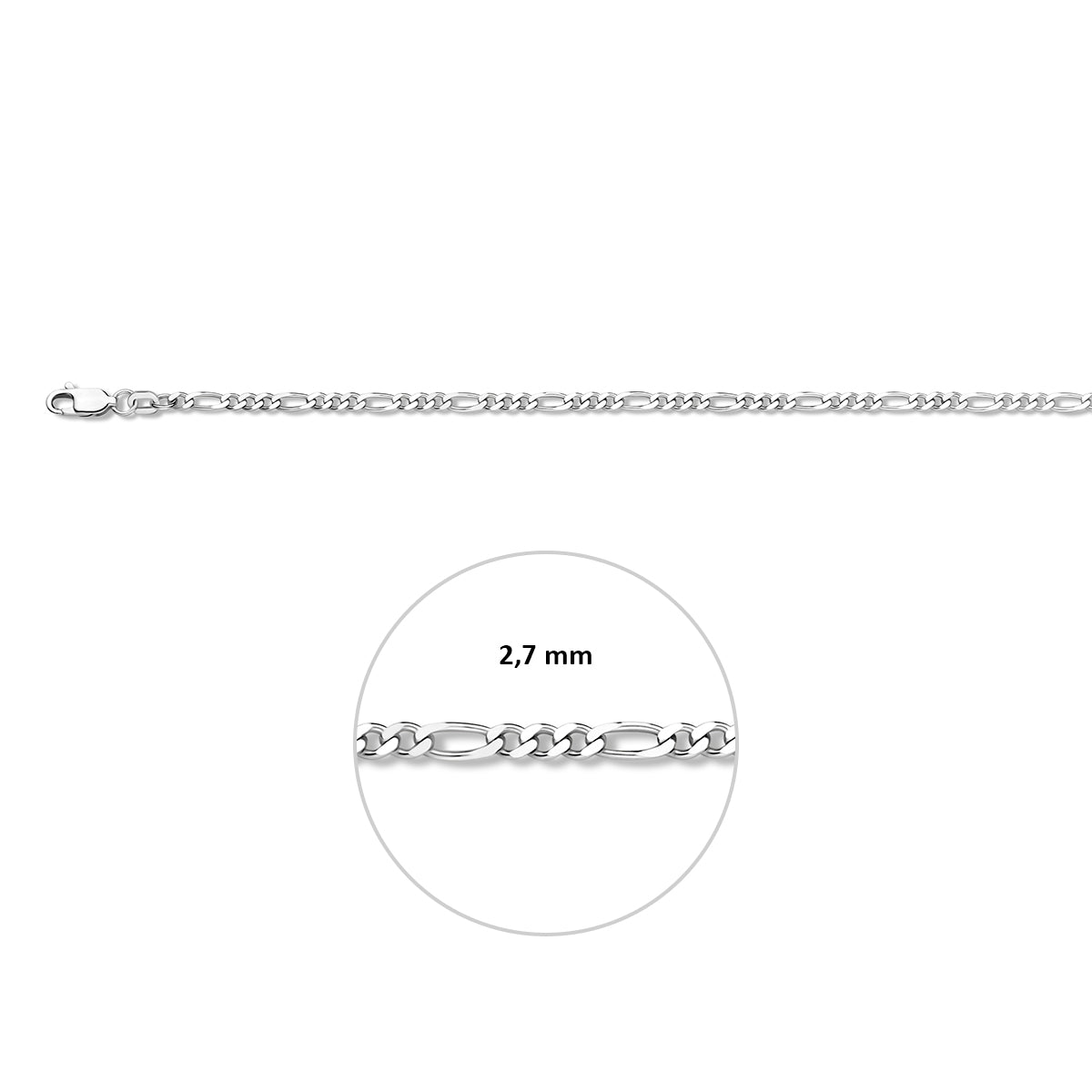 Zilveren figaro ketting: 925 zilveren figaro halsketting, met de schakelbreedte van 2,7 mm aangegeven