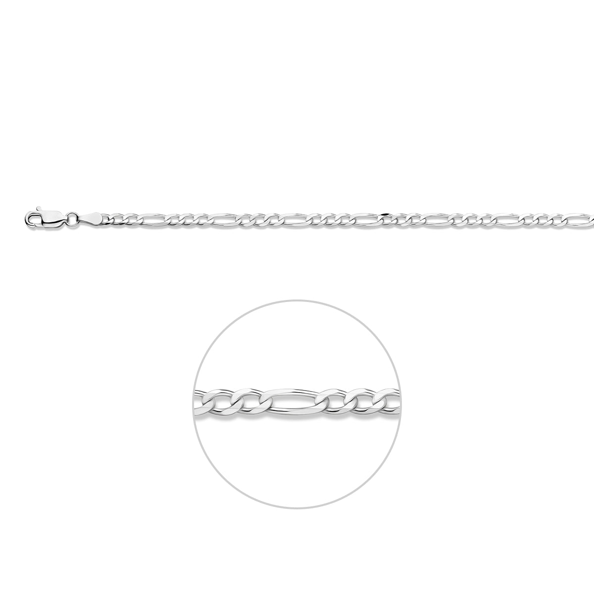 Zilveren figaro ketting: 925 zilveren figaro halsketting van 3,3 mm breed, vooraanzicht