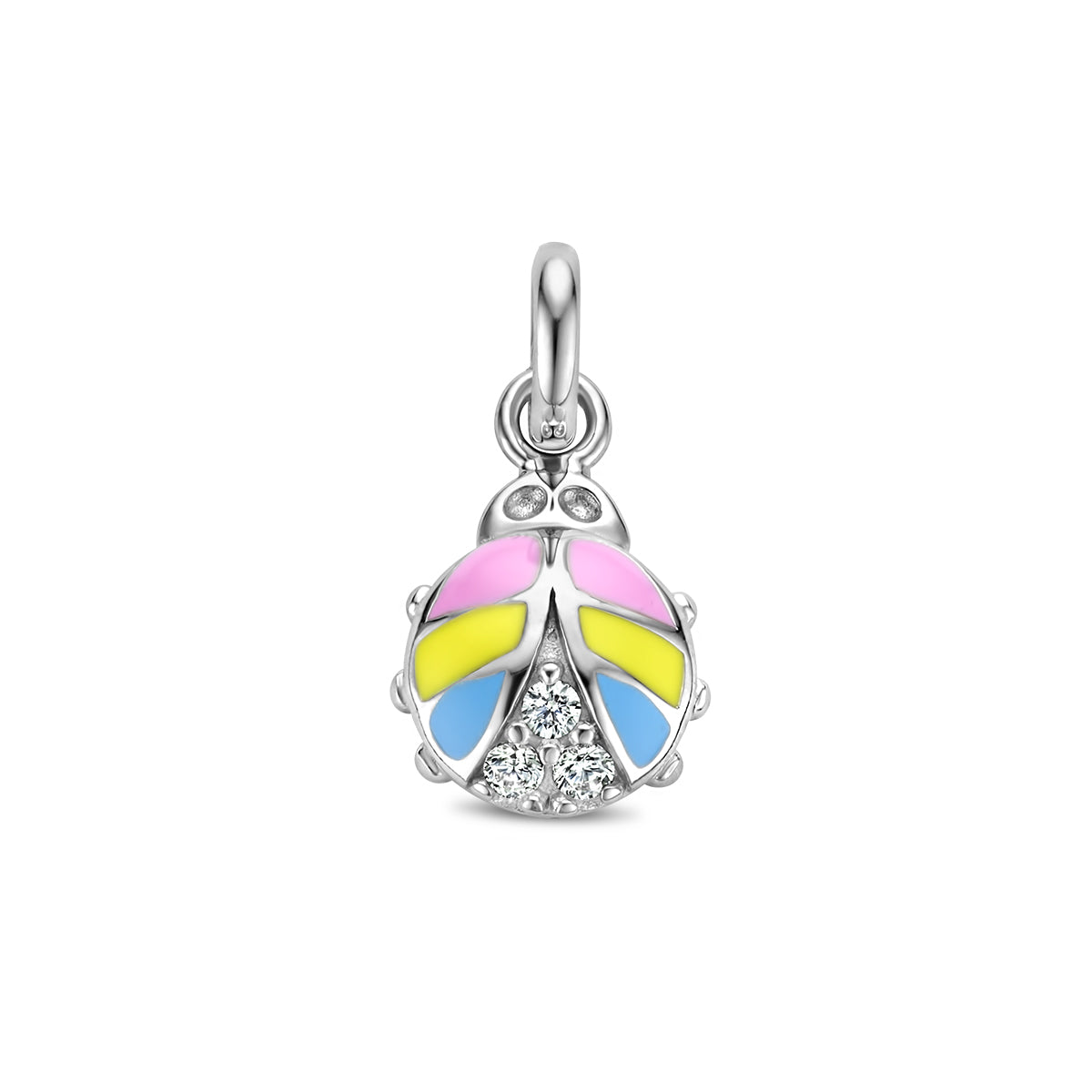 Vooraanzicht van de zilveren lieveheersbeestje hanger met gele emaille en zirkonia.