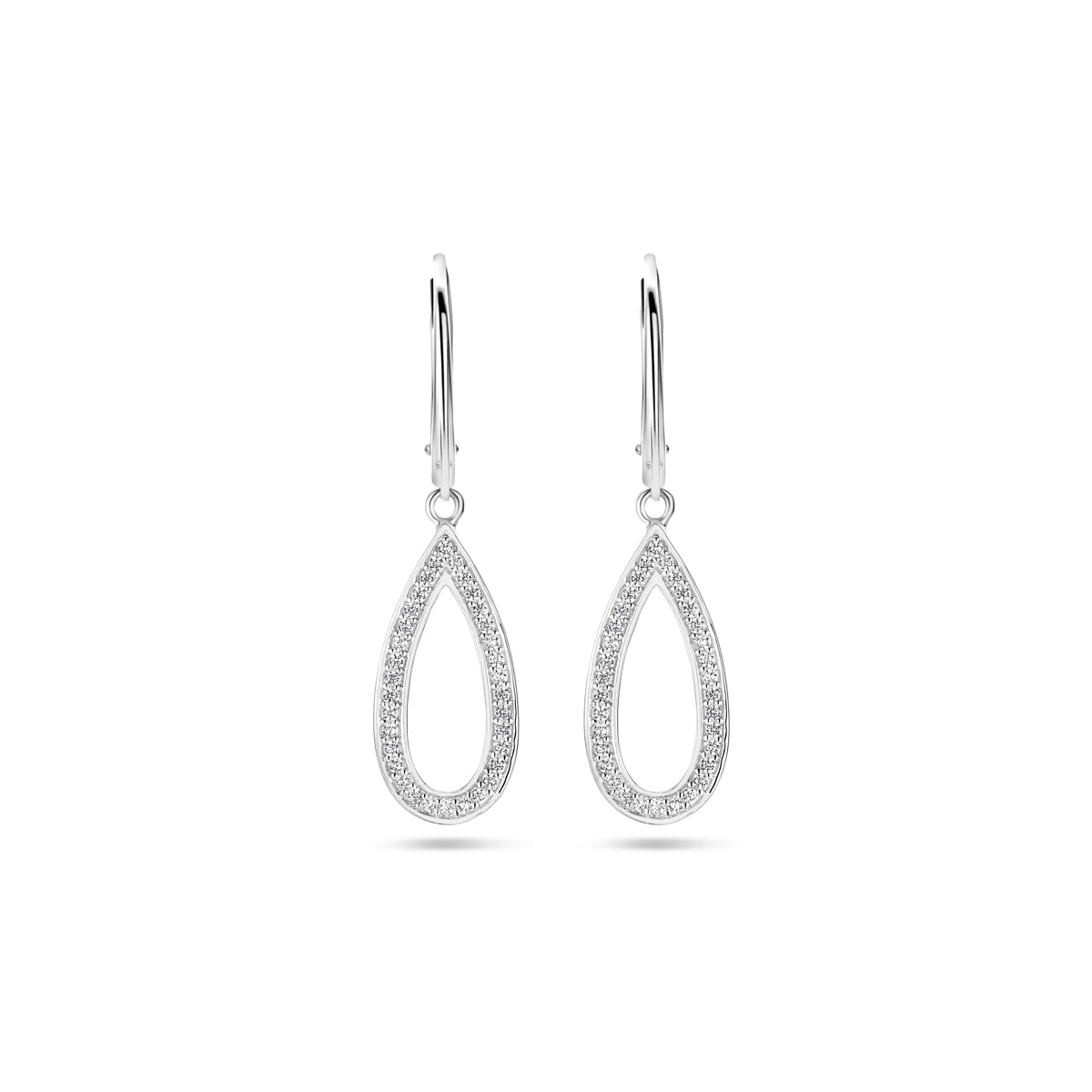 Vooraanzicht van de gerhodineerde 925 zilveren 'Mirella' oorhangers met een luxe rijzetting van zirkonia.