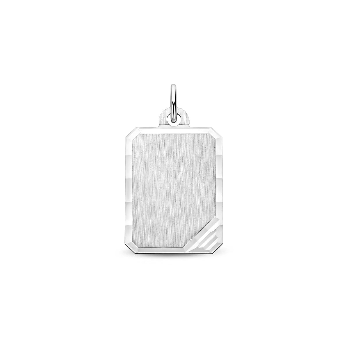 Vooraanzicht van de zilveren rechthoekige graveerhanger.