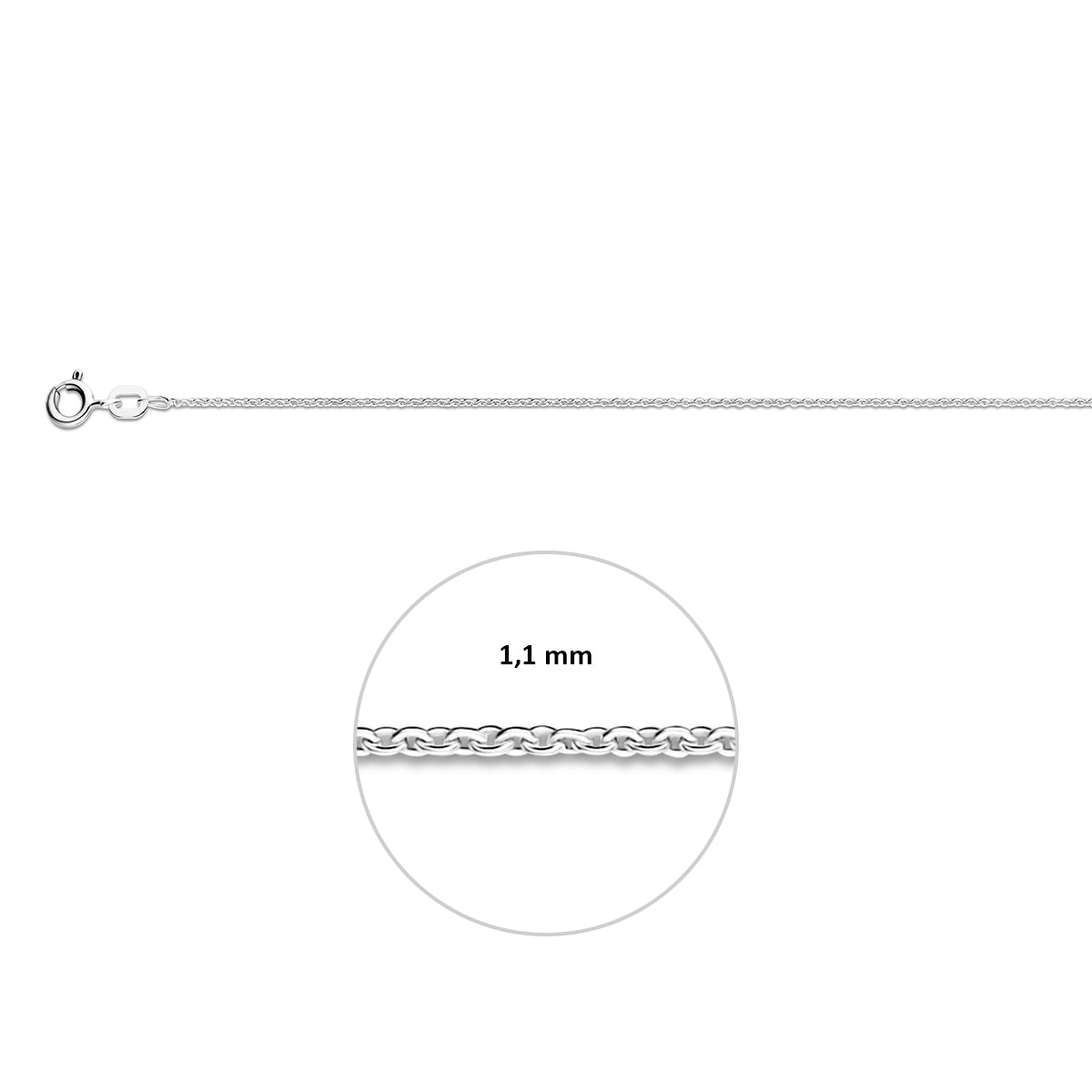 Zilveren ankerketting: 925 zilveren ronde anker halsketting van 1,1 mm breed, detail van de schakels
