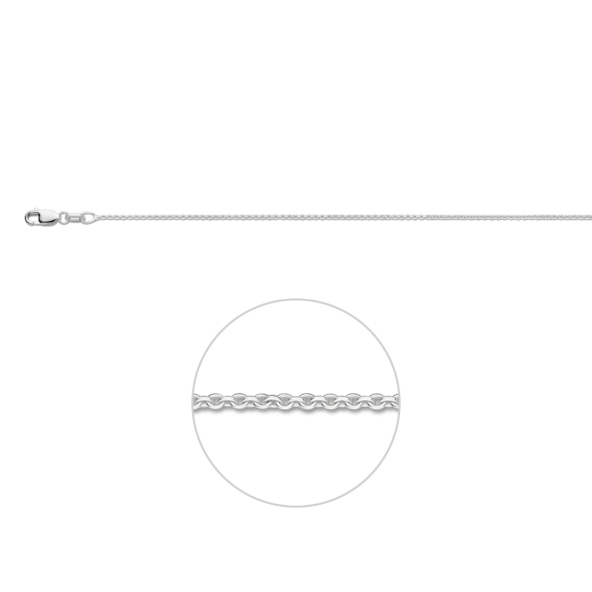 Zilveren ankerketting: 925 zilveren ronde anker halsketting van 1,1 mm breed, vooraanzicht