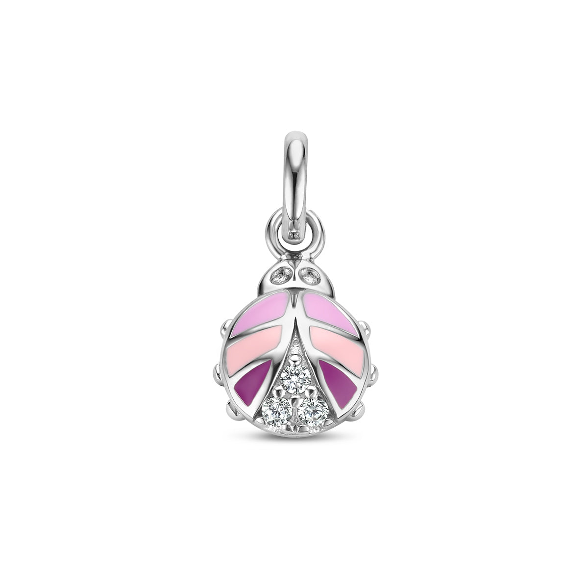 Vooraanzicht van de zilveren lieveheersbeestje hanger met roze emaille en zirkonia.