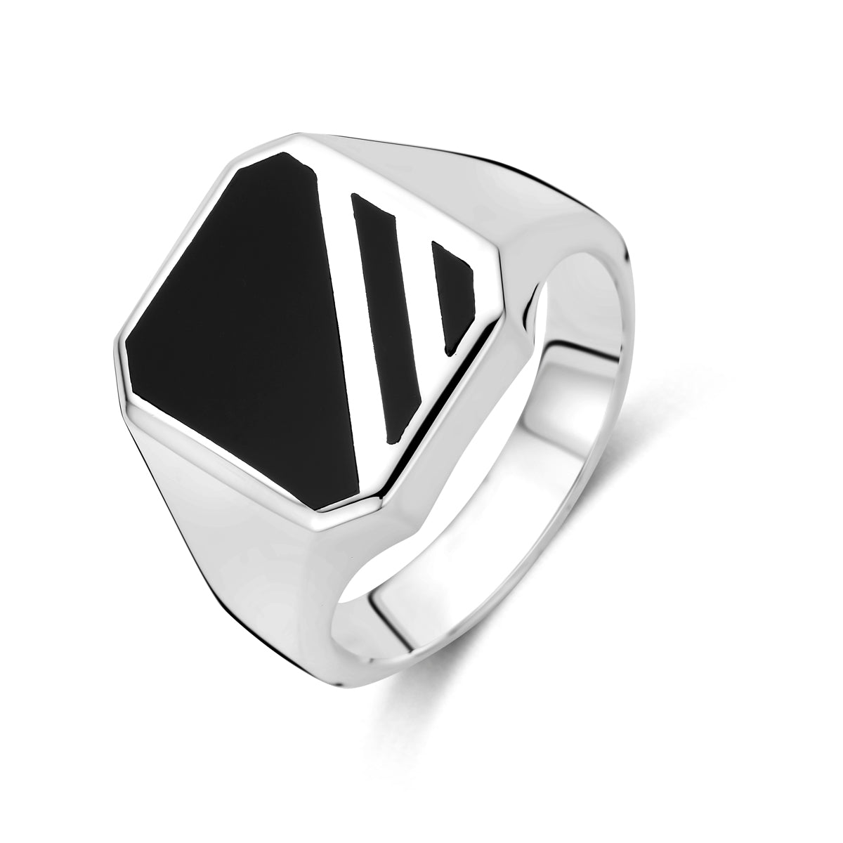 Schuin bovenaanzicht van de 925 zilveren zegelring met zwarte onyx voor heren, 16 mm breed.