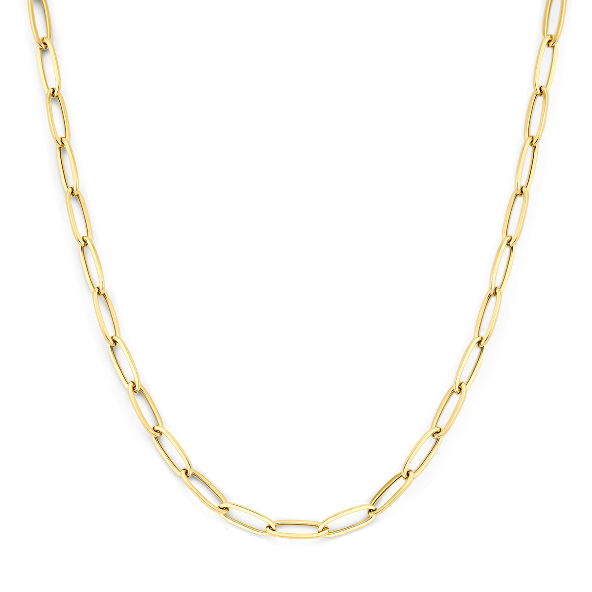 Vooraanzicht van de geelkleurige 9 karaat ketting met ankerschakel, 5,7 mm breed.