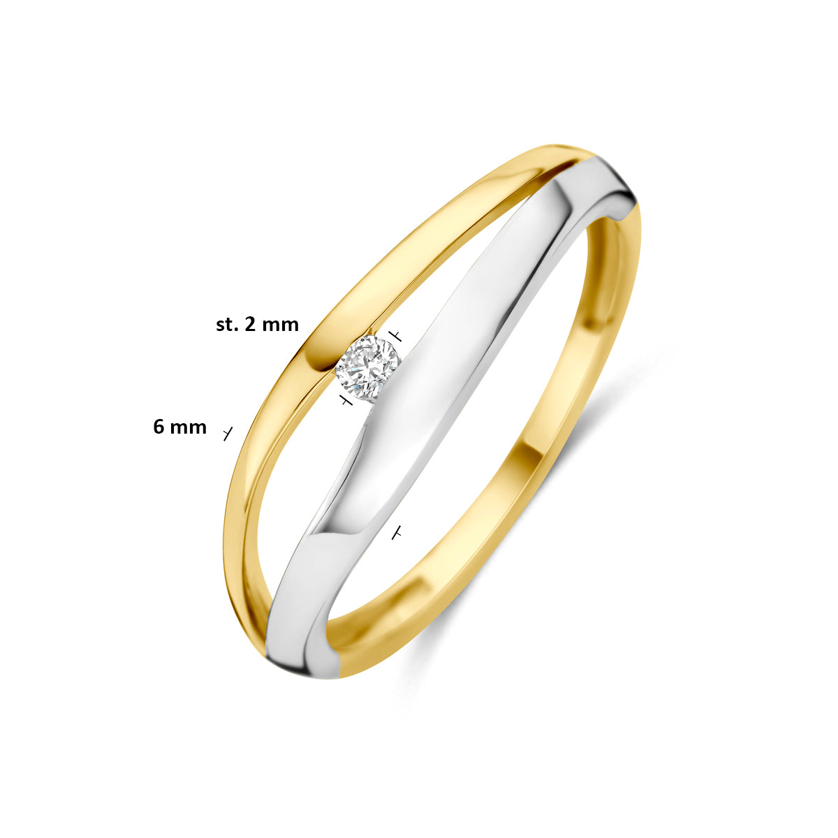 Afbeelding van de 'Bivium' ring met de afmetingen, inclusief de 6mm breedte van de band.