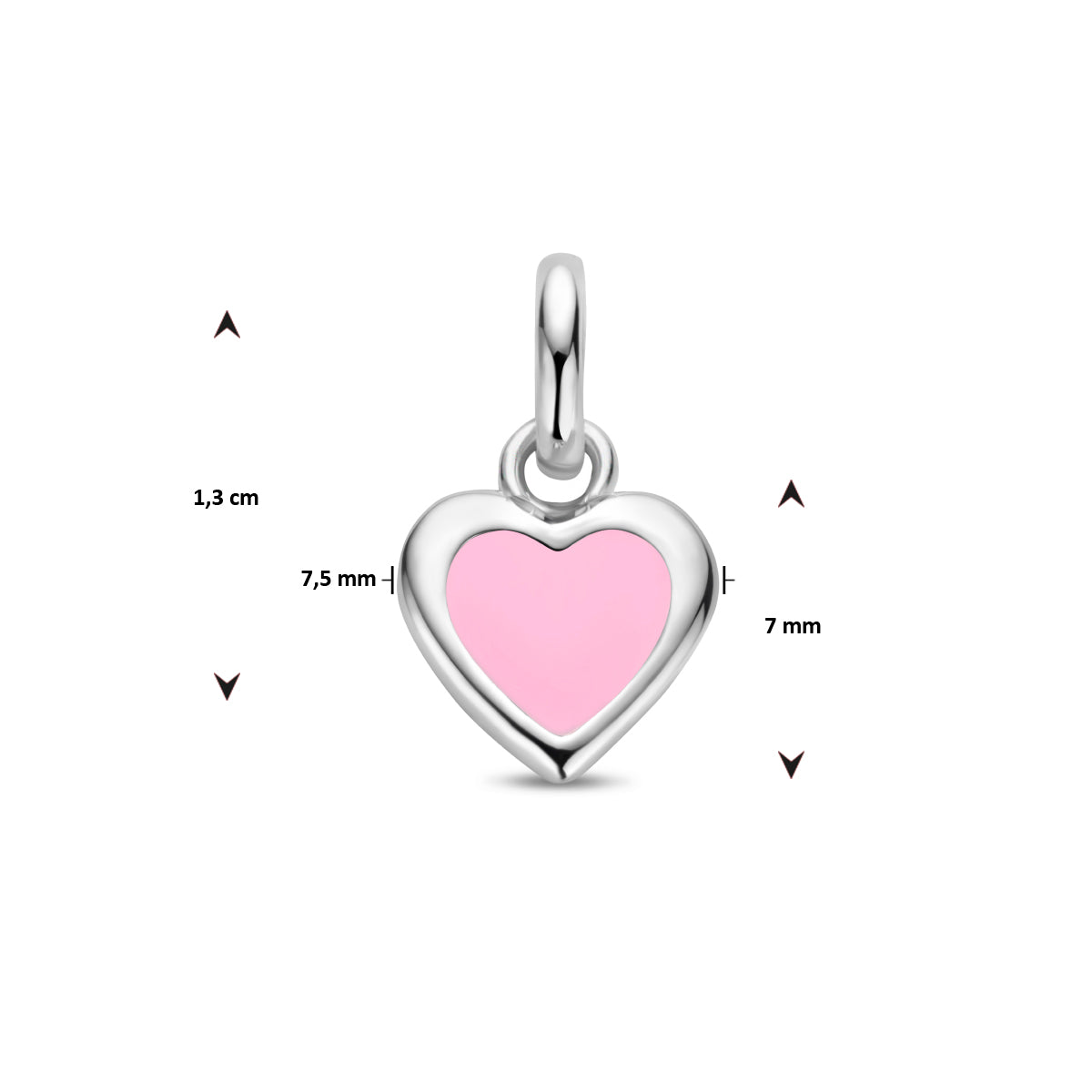 Technische weergave met de afmetingen (7mm hoog, 7.5mm breed) van het roze hartje.