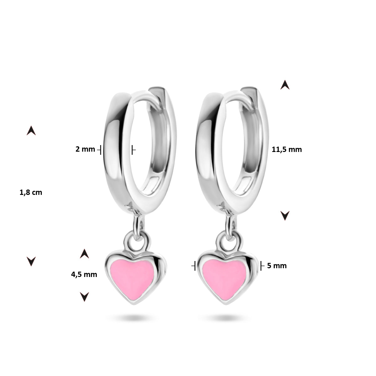 Afbeelding met maten: diameter ring (11mm) en grootte hartje (4.5x5mm).