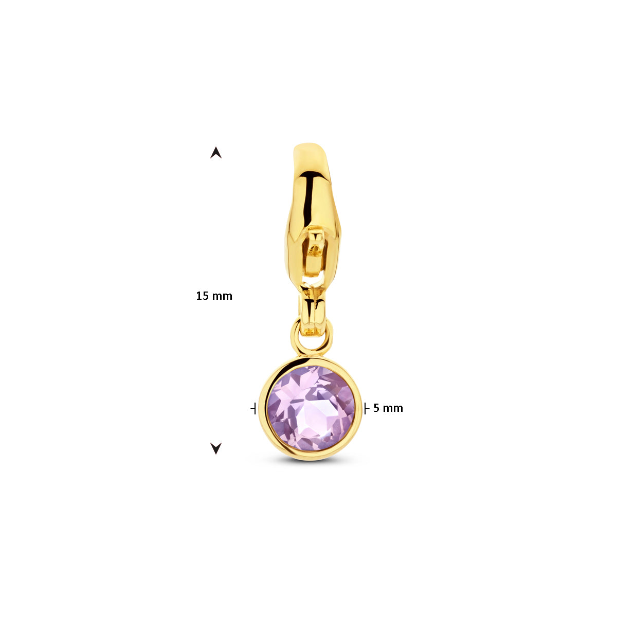 Technische weergave met de afmetingen (15mm hoog, 5mm breed) van de bedel.