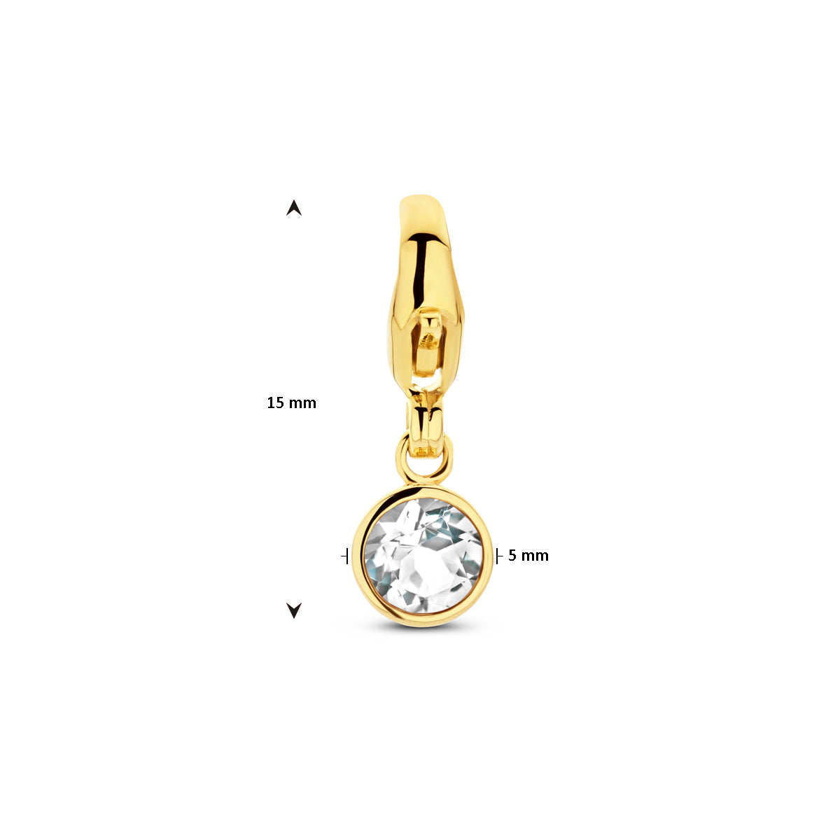 Technische weergave met de afmetingen (15mm hoog, 5mm breed) van de bedel.