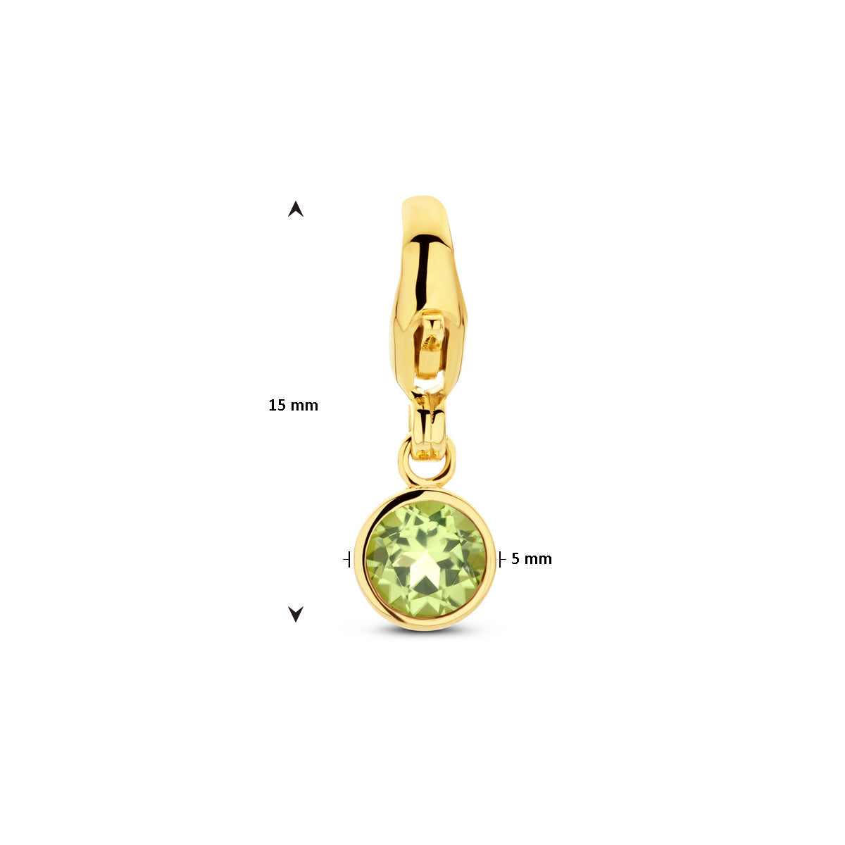 Technische weergave met de afmetingen (15mm hoog, 5mm breed) van de bedel.