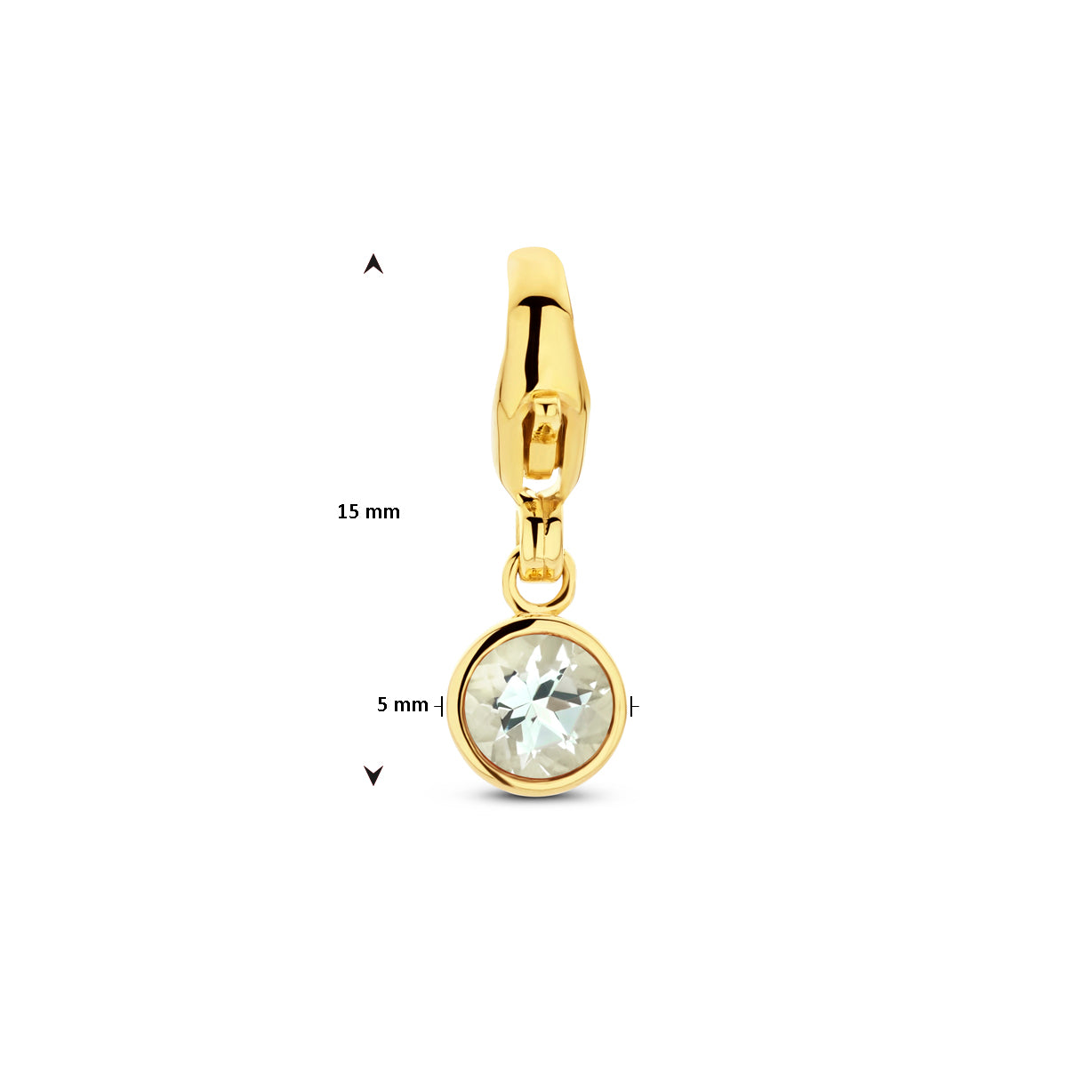 Technische weergave met de afmetingen (15mm hoog, 5mm breed) van de bedel.