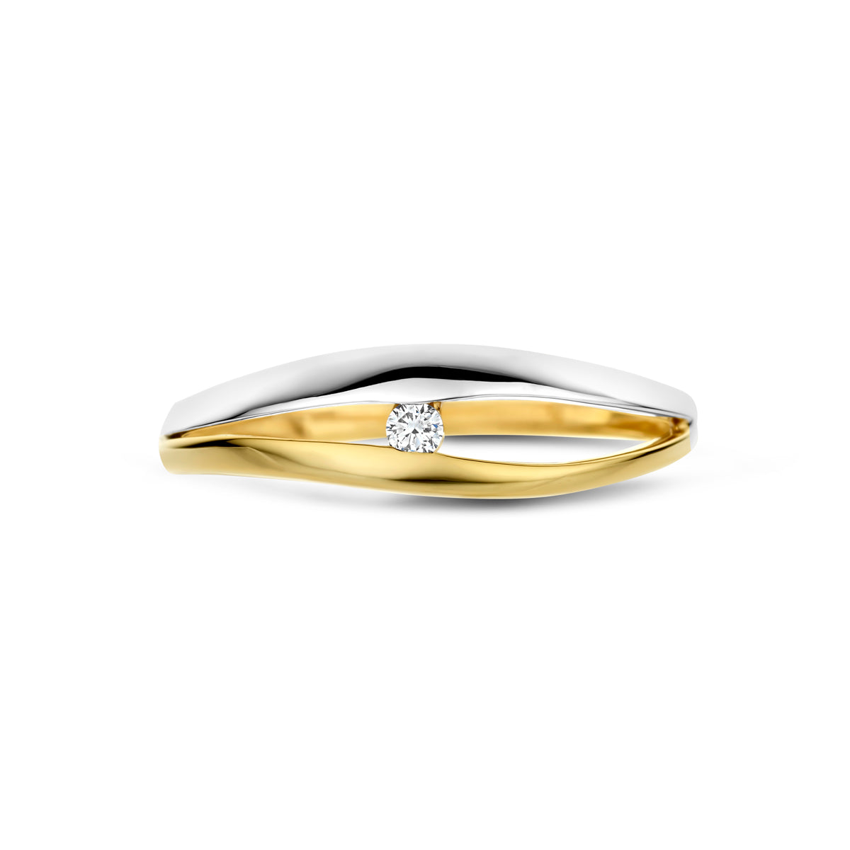 Bovenaanzicht van de 'Bivium' ring, waarop het ontwerp en de diamant duidelijk zichtbaar zijn.
